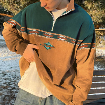 Wiaofellas England Retro Geometry Print Patchwork Youth Hoodie Zip Up Lapel Cashmere Sweater Autumn Winter Warm Loose Daily Sweatshirts Men